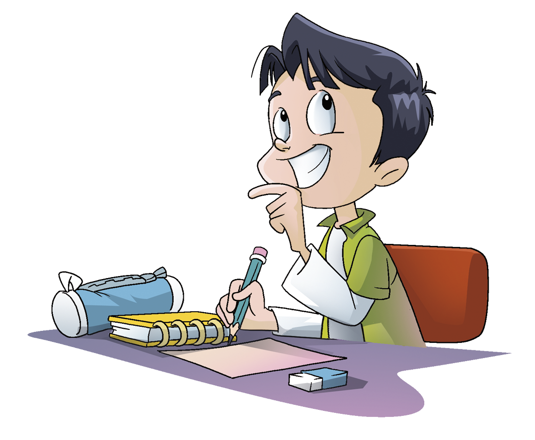 Ilustração. Menino de camisa verde olha para cima com a mão no queixo. À frente dele, mesa com estojo, caderno e papel.