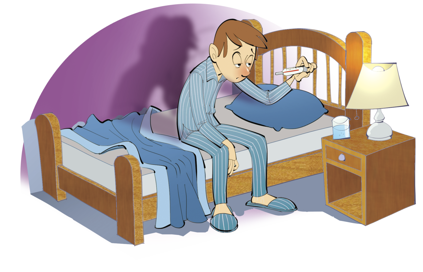 Ilustração. Homem pele branca e cabelos castanhos curto, veste um pijama listrado e está sentado na beirada da cama olhando um termômetro, seu nariz está muito vermelho. À direita, criado-mudo com abajur.