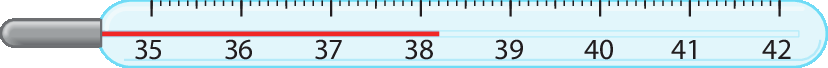 Ilustração. Termômetro com graduação de 35 a 42 graus Celsius. Há uma linha que vai de 35 a 38,2.