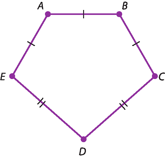 Ilustração. Pentágono. O lado que é a base do pentágono, tem nas extremidades os pontos A, B  e um tracinho no meio do  segmento, o lado com as extremidades nos pontos B, C tem um tracinho  no meio do segmento, o lado com extremidades nos pontos C, D tem dois tracinhos no meio do segmento, o lado com extremidades nos pontos D, E, tem dois tracinhos no meio do segmento, e o lado com extremidades nos pontos E, A, tem um tracinho no meio do segmento.