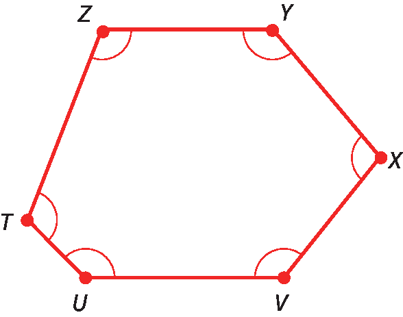 Ilustração. Hexágono irregular. 
Na extremidade de cada lado tem um ponto. 
Os pontos estão nomeado por Z, Y, X, V, U, T,  no sentido horário. 
Entre os lados consecutivos da figura tem um arco indicando o ângulo interno.