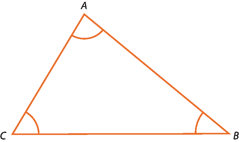 Ilustração. Triângulo A, B, C  entre cada lado consecutivo um arco indicando ângulo interno.