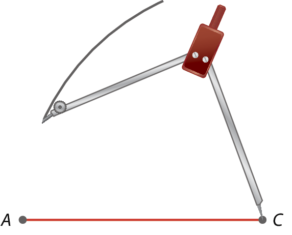 Ilustração. Segmento de reta A C.
Compasso aberto com a ponta seca no ponto C e a outra ponta traçando um arco na direção do ponto A.