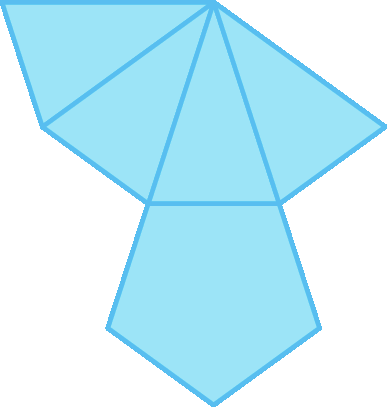Ilustração. Planificação formada por 4 triângulos isósceles e um pentágono.
Os quatros triângulos estão unidos pelo vértice oposto a base e na base de um dos triângulos está o pentágono.