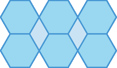 Ilustração. Figura com três hexágonos acima e três abaixo. E há 2 losangos entre os hexágonos.