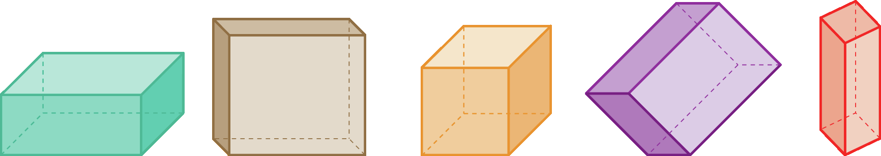 Ilustração. Bloco retangular na horizontal, bloco retangular na vertical, cubo, bloco retangular inclinado e bloco retangular vertical.