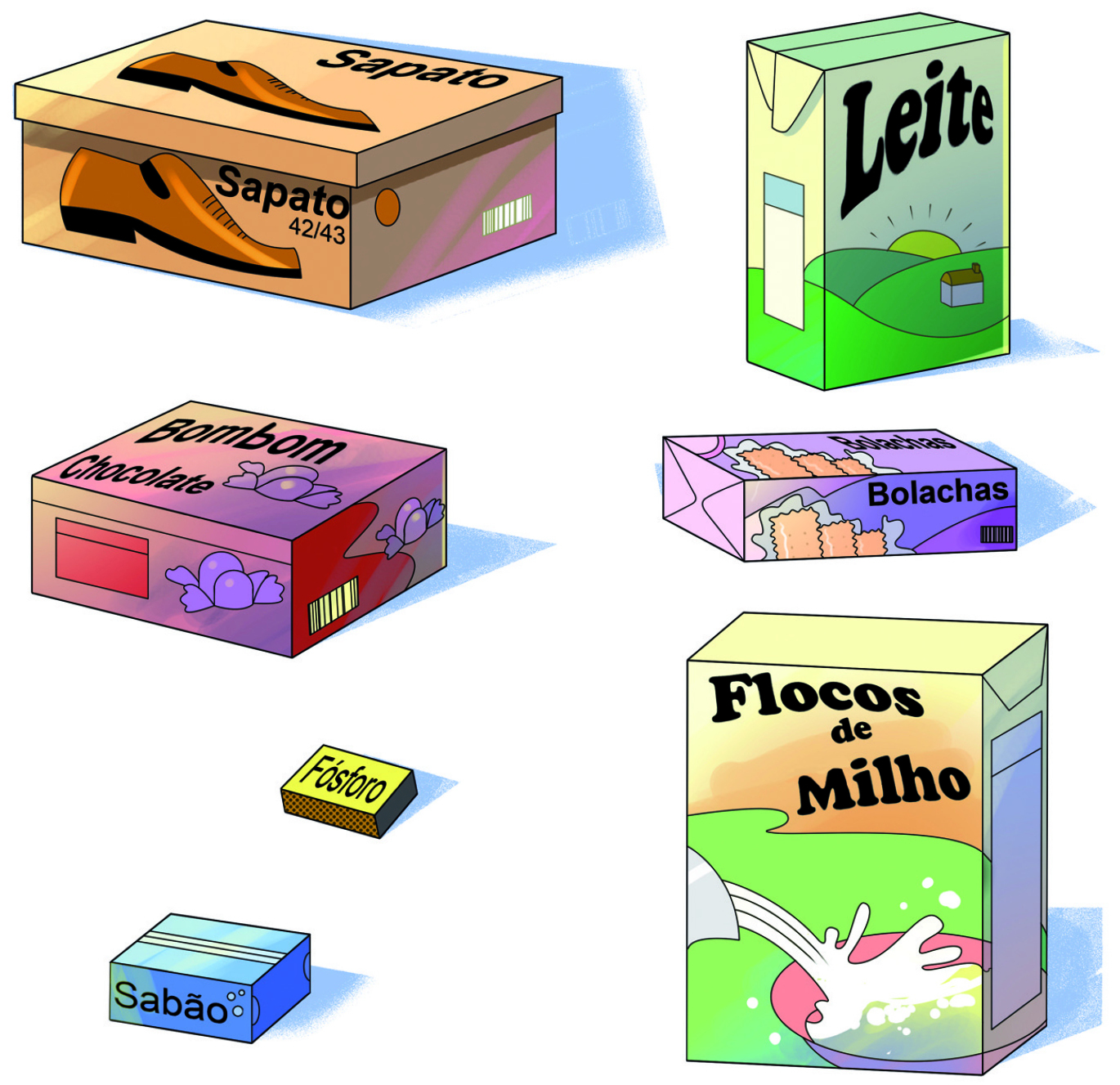 Ilustração. Embalagens: caixa de sapato, caixa de leite, caixa de bombom, caixa de bolachas, caixa de fósforo, caixa de flocos de milho e caixa de sabão.