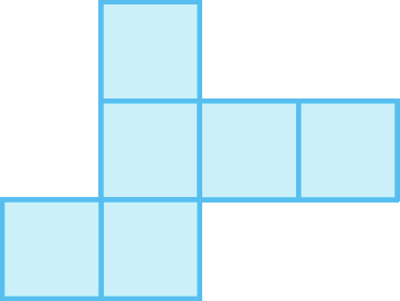 Ilustração. Composição de seis quadrados de mesmo tamanho. 
Três quadrados adjacentes em fileira na vertical.
De baixo para cima, à esquerda do primeiro tem um quadrado e à direita do segundo tem dois quadrados.