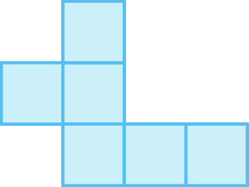 Ilustração. Composição de seis quadrados de mesmo tamanho. 
Três quadrados adjacentes em fileira na vertical.
De baixo para cima, à direita do primeiro quadrado tem dois quadrados e  à esquerda do segundo tem um quadrado.