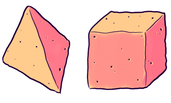 Ilustração. Sólido  feito com massa de modelar que lembra uma pirâmide de base triangular.

Ilustração. Sólido feito com massa de modelar que lembra um cubo.