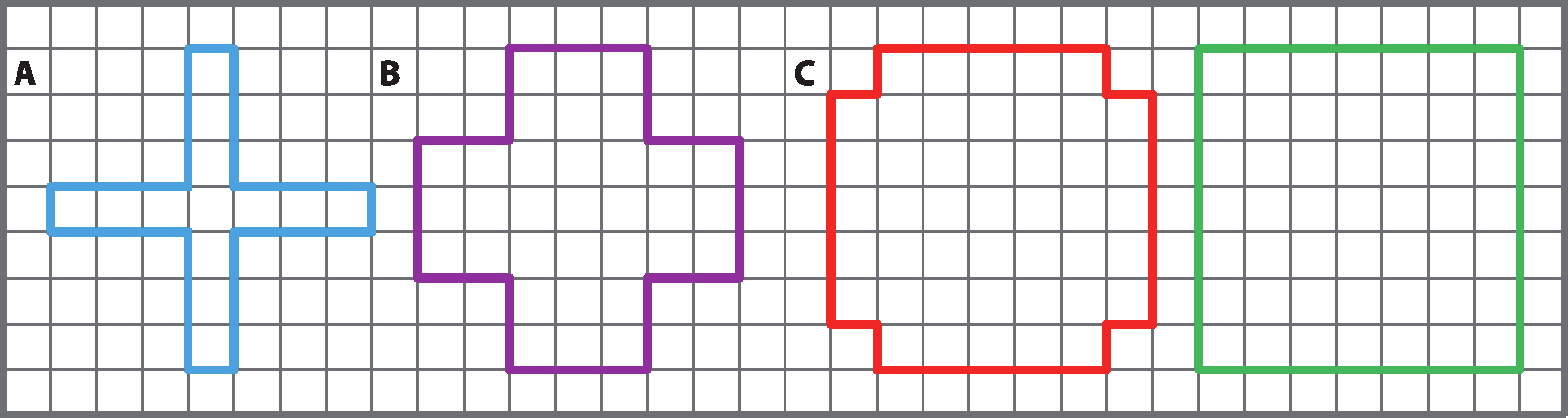 Ilustração. Dodecágonos A, B e C e quadrado em verde desenhados em uma malha quadriculada.
