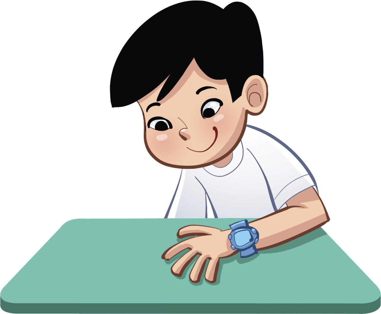 Ilustração.
Menino de cabelos pretos e camisa branca, com a mão e antebraço apoiados sobre a superfície verde de uma mesa.