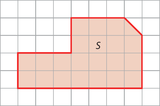 Ilustração.
Malha quadriculada composta por 9 colunas e 6 linhas. Cada quadrado é uma unidade de superfície da malha.
Nesta malha, há uma figura geométrica denominada S, com 7 lados.

O primeiro lado possui 2 unidades na vertical.
O segundo lado possui 7 unidades na vertical. 
O terceiro lado possui 3 unidades na vertical.
O quarto lado possui 1 unidade na diagonal.
o quinto lado possui 3 unidades na horizontal.
O sexto lado possui 2 unidades na vertical.
O sétimo lado possui 3 lados na horizontal.