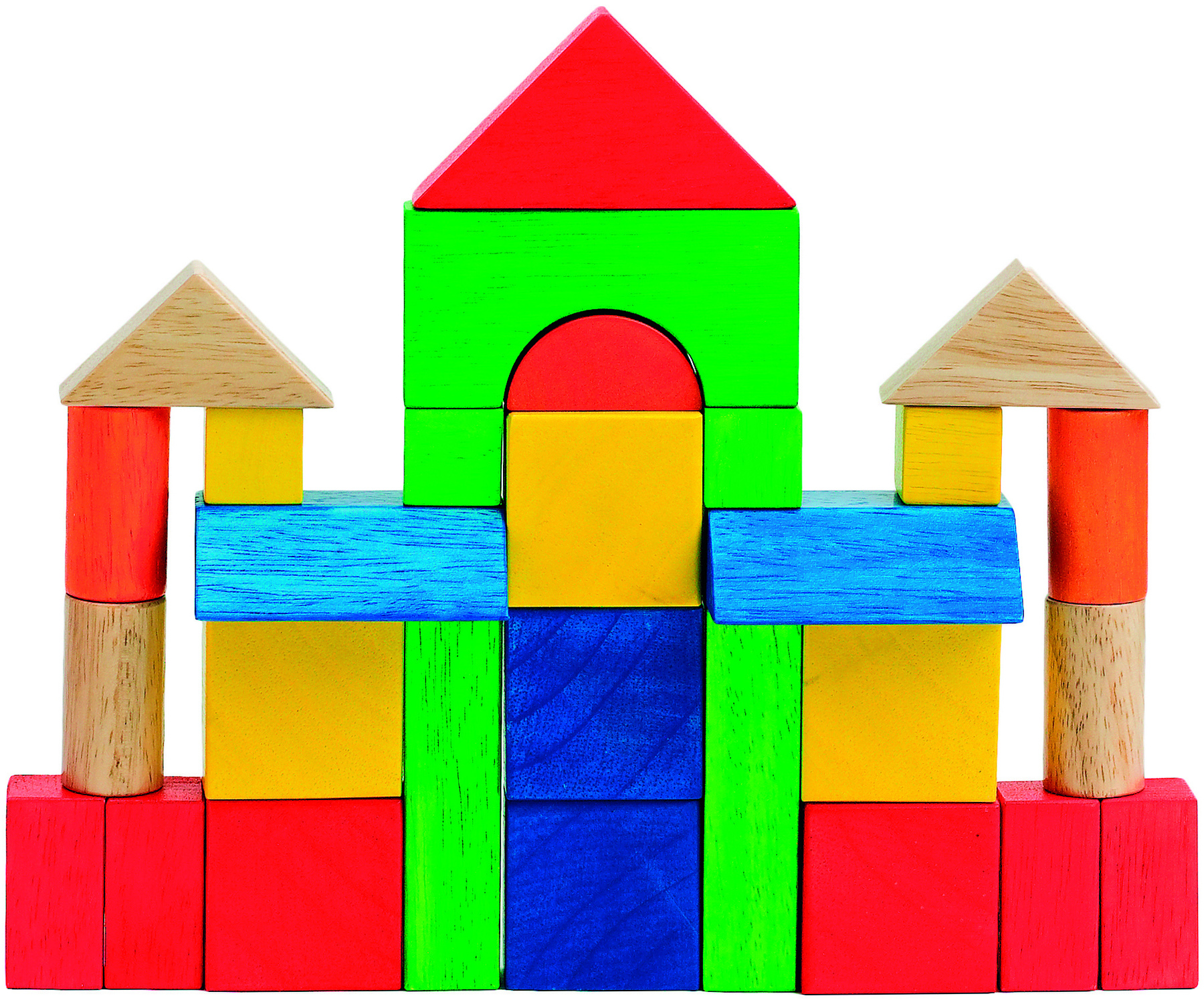 Fotografia.
Blocos de madeira coloridos, em diversas formas geométricas, formando uma construção.