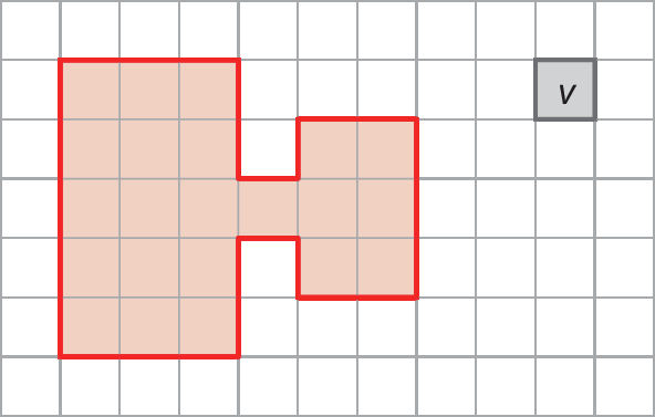 Ilustração. Malha quadriculada formada com onze colunas e sete linhas. Alguns quadradinhos estão pintados formando uma figura. Na segunda linha três quadradinhos, terceira linha cinco quadradinhos, quarta linha seis quadradinhos, quinta linha cinco quadradinhos e sexta linha três quadradinhos. Cada quadradinho equivale a u.
