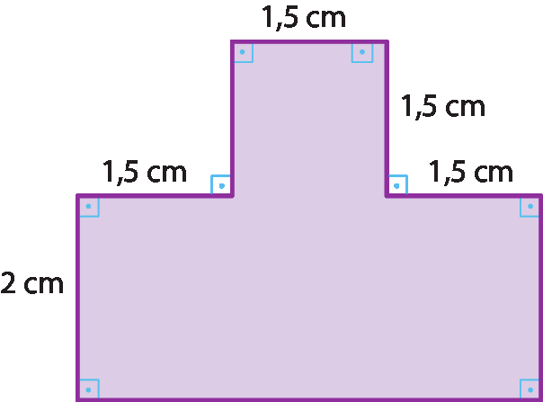 Ilustração. Figura composta por um retângulo na parte inferior com altura medindo 2 centímetros e comprimento medindo 4 vírgula 5 centímetros e acima, quadrado medindo 1,5 centímetros cada lado.