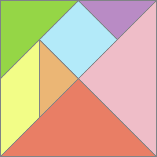 Ilustração. Representação do tangram.
Quadrado formado por peças de Tangram, composto por dois triângulos pequenos, um triângulo médio e dois triângulos grandes, um quadrado e um paralelogramo.