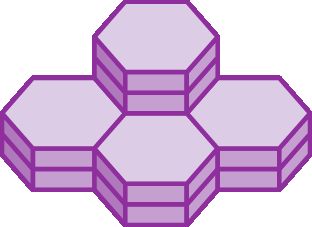 Ilustração.
Figura tridimensional composta por 3 pilhas com 2 prismas hexagonais em cada.
E 1 pilha com 4 prismas hexagonais.