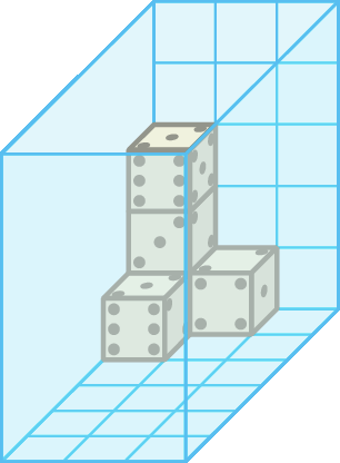 Ilustração.
Bloco transparente com 3 colunas, 5 linhas e 6 unidades de profundidade.

No canto esquerdo, 3 dados na vertical, com mais 2 ao lado na primeira linha.