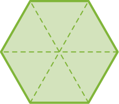 Ilustração. Hexágono dividido em 6 partes iguais por pontos pontilhados.