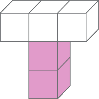 Ilustração.
Figura tridimensional, com 5 cubos em formato que lembra a letra T. 2 cubos estão pintados de rosa.