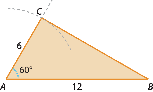 Ilustração.
Triângulo de vértices nos pontos A, B e C. 
Entre A e B, número 12, entre A e C número 6.
O ângulo em A mede 60 graus.
Em C há parte de circunferência de centro em A e raio 6 e o prolongamento do lado A C.