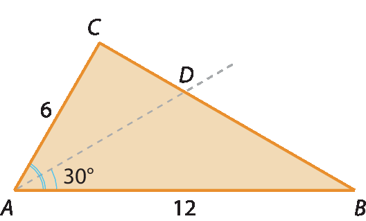 Ilustração.
Triângulo com vértices nos pontos A, B e C. 
Entre A e B, número 12, entre A e C número 6.
O ângulo em A mede 60 graus.
De A, sai uma linha pontilhada na diagonal, com ângulo de 30 graus e atravessando o triângulo até chegar no ponto D do lado B C.