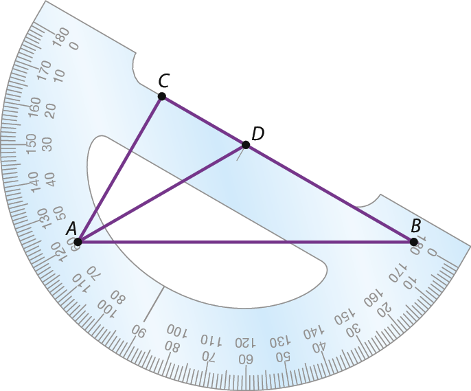 Ilustração. 
Transferidor de 180 graus virado para baixo e inclinado. 
Nele, há um triângulo com vértices nos pontos A, B e C. 
Entre B e C, ponto D, com uma reta em direção ao ponto A.

O ponto A está na marcação de 60 graus do transferidor. Os pontos B e C estão na linha de fé. O ponto D está no centro do transferidor.