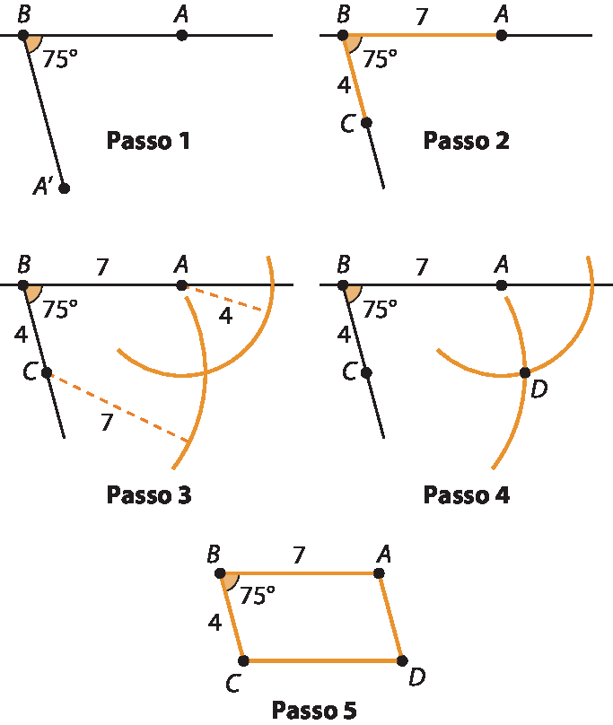 Ilustração. Construção geométrica.

Passo 1
Segmento AB  e segmento B A linha ângulo de 75 graus.  

Passo 2
Ponto C sobre o segmento B A linha medindo 4 e segmento B A medindo 7.

Passo 3
Arco de circunferência com centro em A e raio 4 é traçado.
Arco de circunferência com centro em C e raio 7 é traçado.

Passo 4
O encontro dos arcos de circunferência é denotado como ponto D.

Passo 5
Quadrilátero A B C D é destacado.