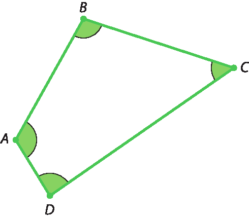 Ilustração.
Quadrilátero de lados diferentes formado pelos vértices A, B, C e D. 
Em cada ponto, marcação de ângulo.