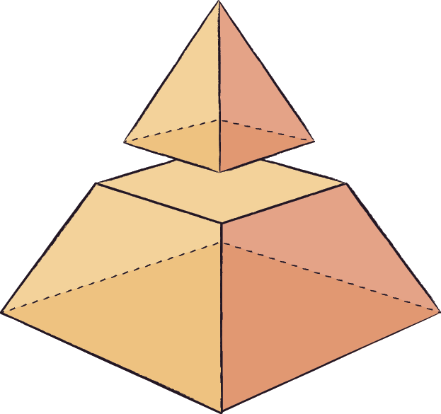 Ilustração. 
Representação tridimensional de uma pirâmide partida ao meio, separando a parte de baixo com a parte de cima.