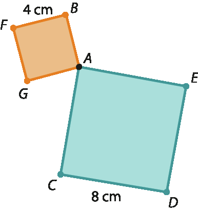 Ilustração. 
2 quadrados de tamanhos diferentes unidos pelo ponto A.

O quadrado maior tem vértices A, C, D e E e tem lados medindo 8 centímetros. 
O quadrado menor tem vértices A, B, F e G e tem lados medindo 4 centímetros.