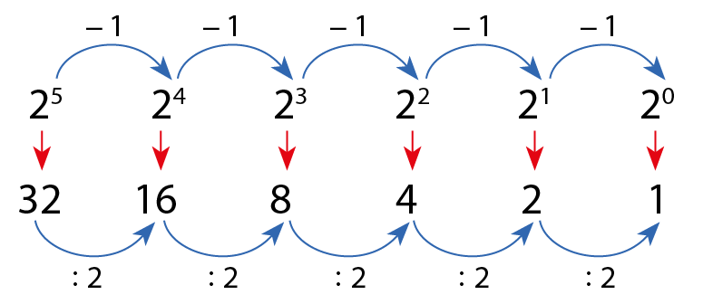 Esquema. 2 elevado a quinta potência é igual a 32. 2 elevado a quarta potência é igual a 16. 2 elevado ao cubo igual a 8. 2 elevado ao quadrado é igual a 4. 2 elevado a primeira potência é igual a 2. 2 elevado ao expoente 0 é igual a 1. Os expoentes vão diminuindo de 1 em 1, e os resultados vão sendo divididos por 2.