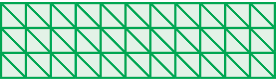 Ilustração. Retângulo dividido em 3 linhas com 11 quadradinhos cada. Cada quadradinho está dividido ao meio pela diagonal formando 2 triângulos.