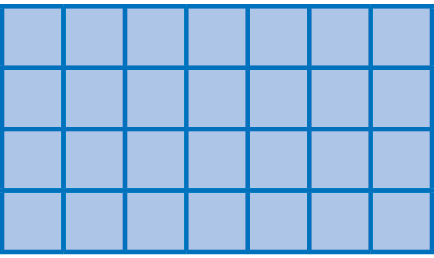 Ilustração. Retângulo dividido em 4 linhas com 7 quadradinhos cada.