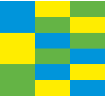 Ilustração.
Quadrado dividido em 3 linhas e 3 colunas. 

Primeira coluna:
Quadrado azul, quadrado amarelo e quadrado verde.

Segunda coluna:
Retângulo amarelo, retângulo verde, retângulo azul, retângulo verde, retângulo azul e retângulo amarelo.

Terceira coluna:
Retângulo verde, retângulo amarelo, retângulo verde, retângulo azul, retângulo amarelo, retângulo azul.