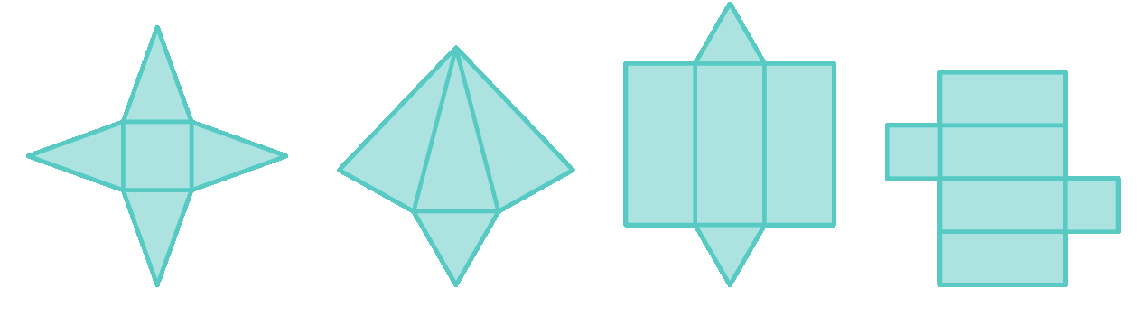 Ilustração.
Figura plana composta por 4 triângulos iguais e 1 quadrado interligados.
Ilustração.
Figura plana composta por 4 triângulos iguais e 1 triângulo menor interligados.
Ilustração.
Figura plana composta por 3 retângulos iguais e 2 triângulos iguais interligados.
Ilustração.
Figura plana composta por 4 retângulos iguais e dois quadrados iguais, interligados.