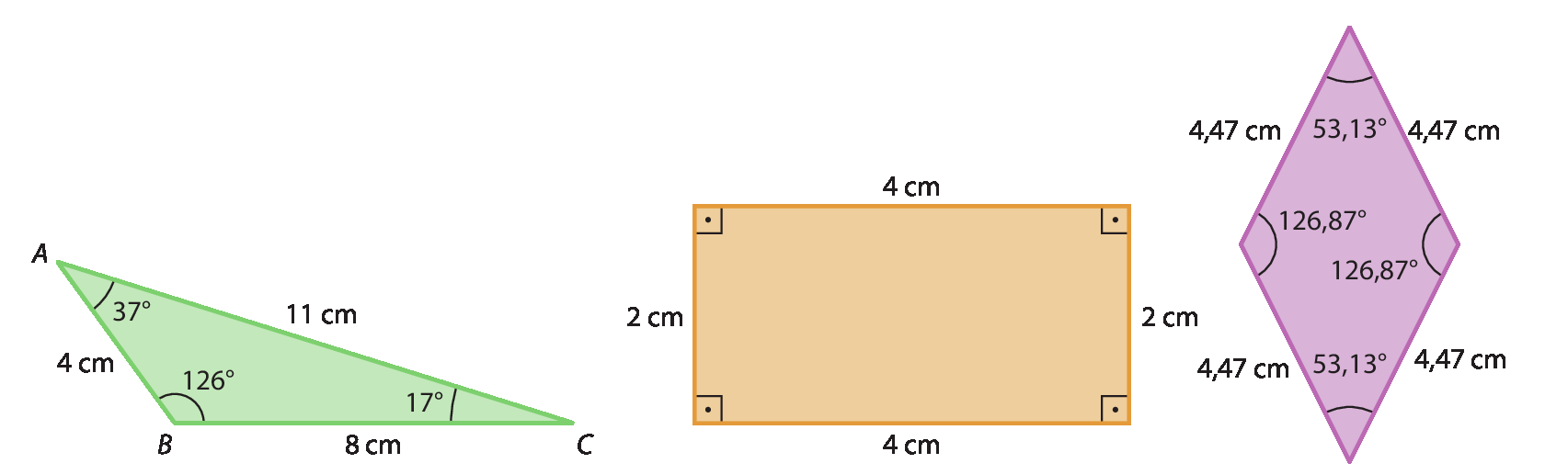 Ilustração.
Triângulo formado de vértices A, B e C. 

Entre A e B, 4 centímetros. 
Entre B e C, 8 centímetros.
Entre C e B, 11 centímetros. 

O ângulo em A tem 37 graus, o ângulo em B tem 126 graus e o ângulo em C tem 17 graus.
Ilustração.
Retângulo.
Lado horizontal, medindo 4 centímetros.
Lado vertical, medindo 2 centímetros. 
Marcações de ângulos de 90 graus internamente.
Ilustração.
Losango com todos os lados medindo 4,47 centímetros. 
Dois ângulos têm 53,13 graus, e os outros têm 126,87 graus.