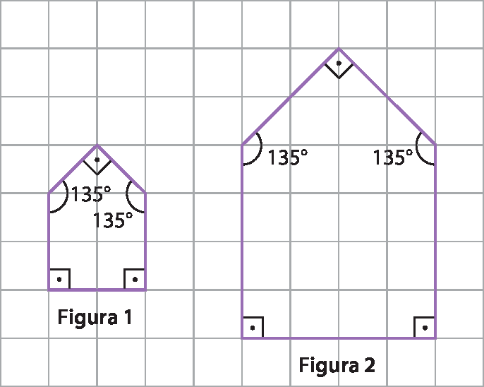 Ilustração. 
Malha quadriculada com duas figuras em forma de pentagonos. 

A primeira, ocupando 5 quadrados, com 2 ângulos de 135 graus e 3 de 90 graus. 
A segunda, ocupando 20 quadrados, com 2 ângulos de 135 graus e 3 de 90 graus.