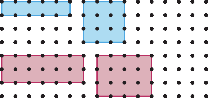 Ilustração. 
Malha pontilhada com 4 retângulos. 
1 retângulo, em azul, lados medindo 1 e 5 unidades de comprimento. 
1 retângulo, em rosa, lados medindo 2 e 6 unidades de comprimento. 
1 quadrado, em azul, lados medindo 3 unidades de comprimento. 
1 retângulo rosa com lados medindo 3 e 4 unidades de comprimento.
