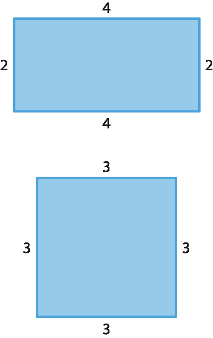 Ilustração. 
Retângulo com aos lados horizontais medindo 4 e verticais medindo 2.
Ilustração. 
Quadrado com todos os lados iguais medindo 3.