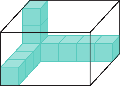 Ilustração. 
Caixa retangular tridimensional com uma coluna com três cubos e mais 4 na horizontal e 3 na vertical.