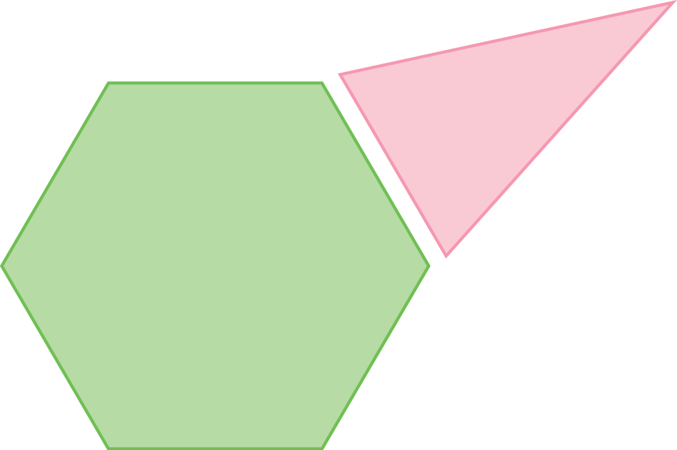 Ilustração. Hexágono verde. Em um dos lados, um triângulo rosa.