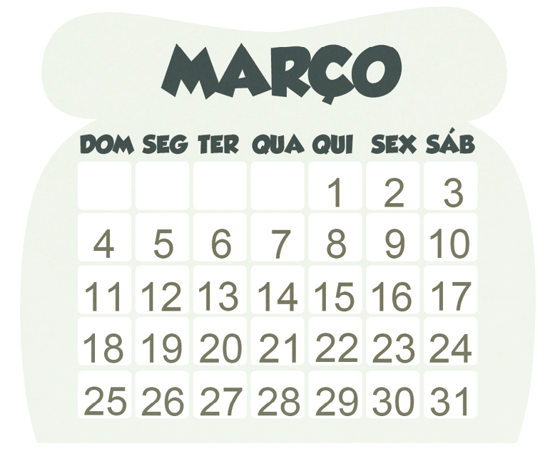 Ilustração. Calendário com o mês de março, que tem 31 dias. Não há indicação do ano. O mês começa em uma quinta-feira.