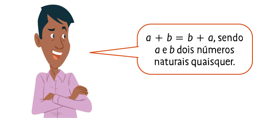 Ilustração. Homem de cabelo preto, camisa rosa e com os braços cruzados diz: a mais b igual a b mais a, sendo a e b dois números naturais quaisquer.