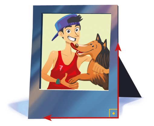 Ilustração. 
Porta retrato com a imagem de um menino de boné e regata vermelha ao lado de um cachorro. Destaque para a junção do ângulo formado por dois lados consecutivos do porta-retrato.