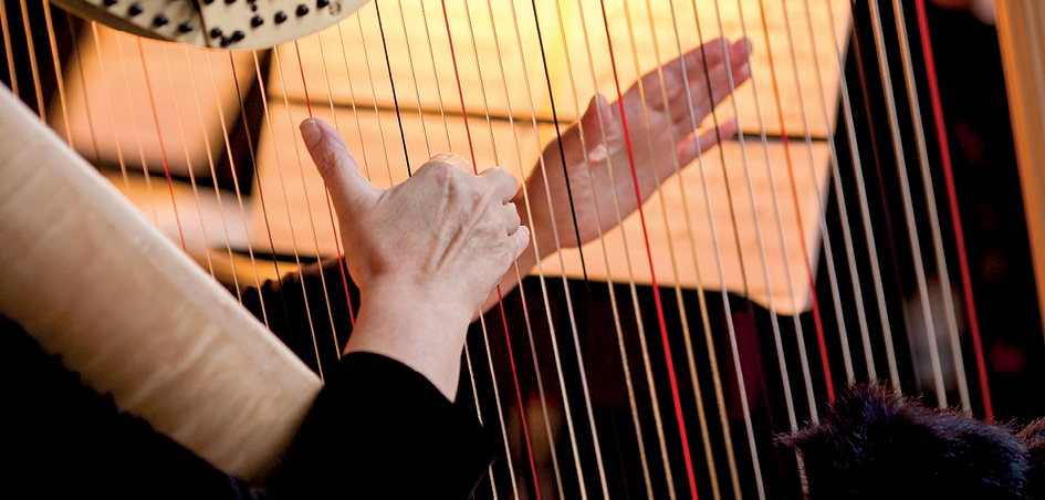 Fotografia.
A fotografia destaca as mãos de uma pessoa tocando as cordas de uma harpa. As cordas são esticadas e lembram retas paralelas.