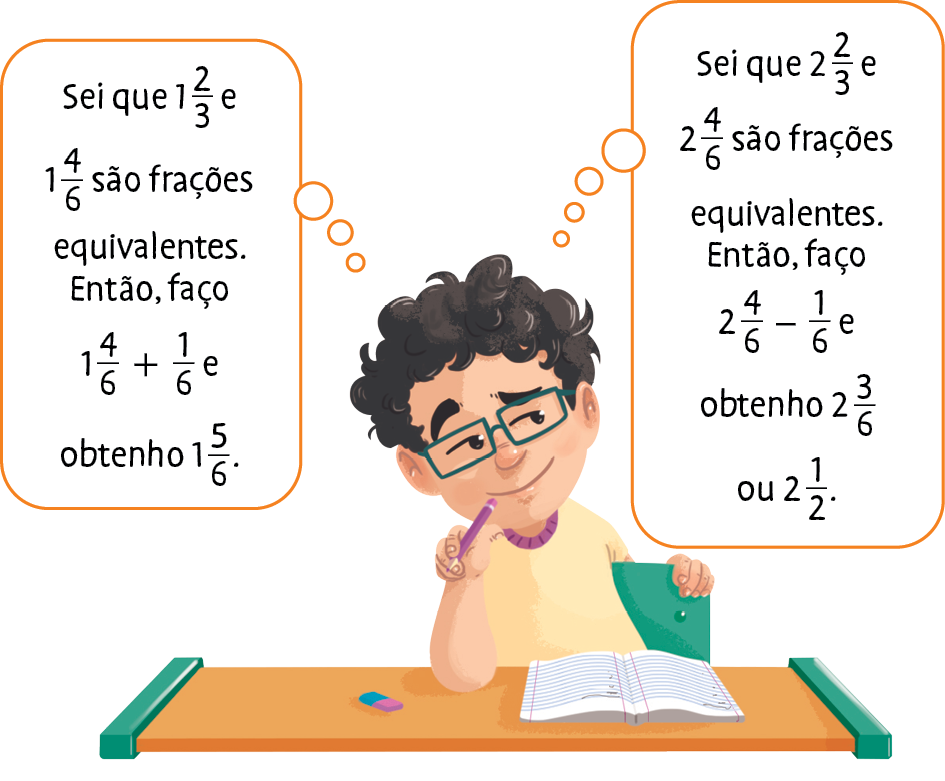 Ilustração. Menino de óculos e cabelo escuro sentado com o braço apoiado na mesa e outro na cadeira. Ele pensa: Sei que um inteiro e dois terços e um inteiro e quatro sextos são frações equivalentes. Então, faço 
Um inteiro e quatro sextos mais um sexto e obtenho um inteiro e cinco sextos. Sei que dois terços e dois inteiros e dois terços e dois inteiros e quatro sextos são frações equivalentes. Então, faço 2 inteiros e quatro sextos menos um sexto e 
Obtenho 2 inteiros e três sextos ou 2 inteiros e um meio.