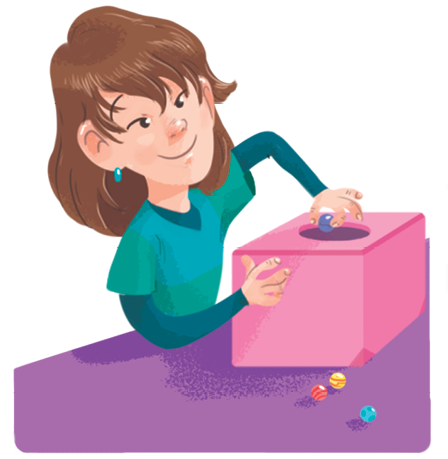 Ilustração. Menina de cabelo castanho e blusa verde está com a mão dentro de um orifício em uma caixa rosa. Ao lado, bolinhas coloridas.