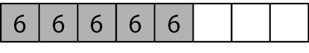 Ilustração. Barra dividida em 8 partes. Cinco partes estão destacadas com o número 6.
